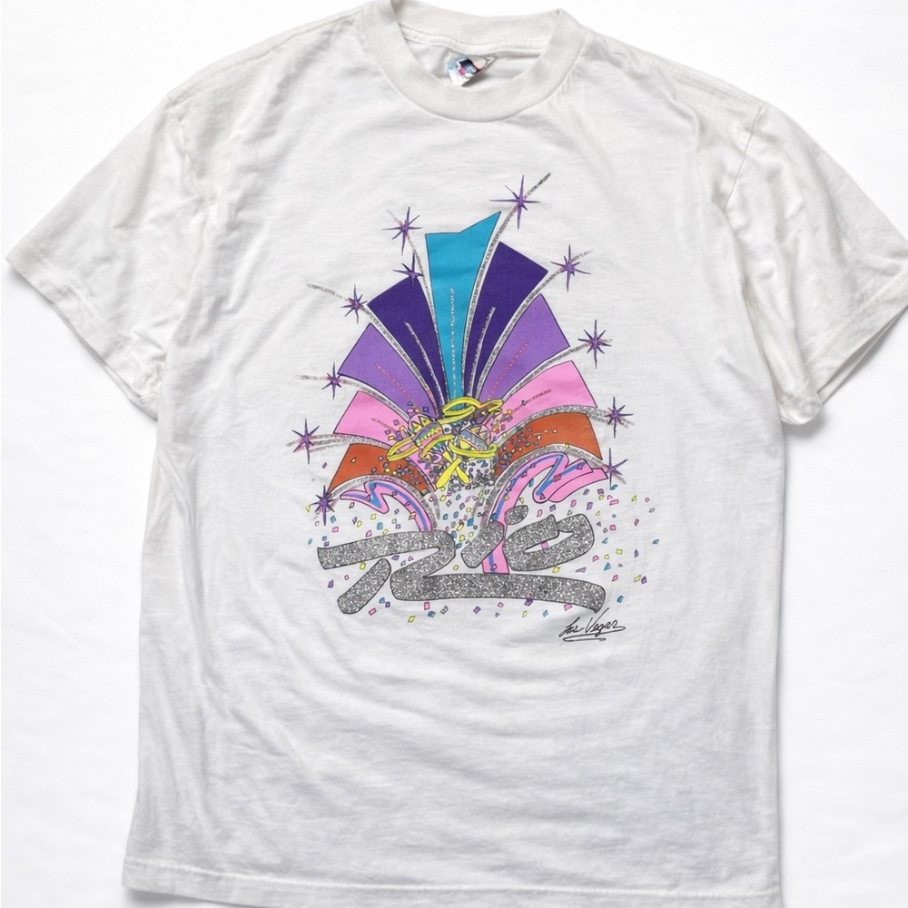 Vintage 80s Las Vegas Neon Graphic Tee Single Stitch Glitter T-Shirt Large Retro